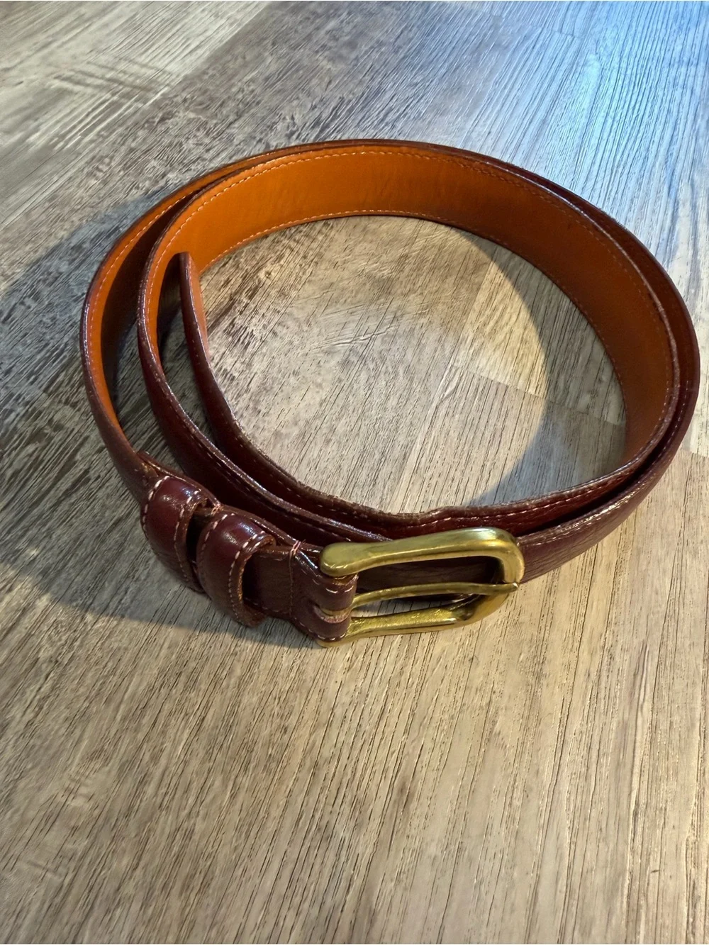 L.L. Bean Vintage Men's Burgundy Leather Belt with Gold Buckle